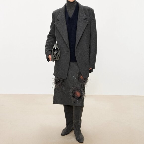 CHICJOC Ostrich Feather Embellished Wool Midi Skirt Luxury Handcrafted Appliqué - Picture 8 of 14